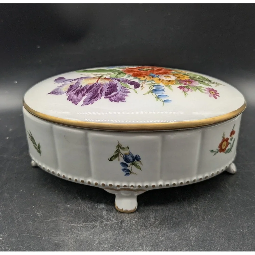 Vintage 1985 Handgemalt Lisa Ackermann Hand Painted Floral Porcelain Trinket Box